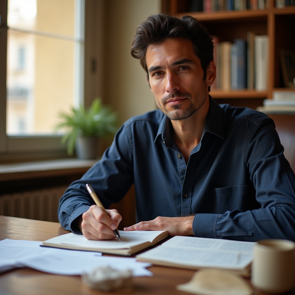 Facilitador del taller escribiendo en escritorio